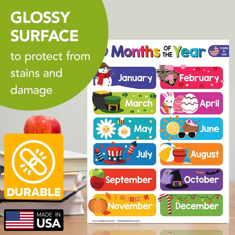 FoldCard 12 Months of the Year Chart for Preschool to Grade 1 Kids – Colorful Educational Visual/Learning Aid Poster Decoration for Classroom or Home | Glossy Durable Cardstock | 8.5" x 11" | 5 per Pack - Image 3